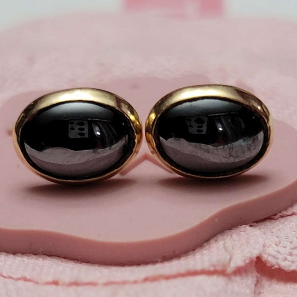 14k Solid Yellow Gold Hematite Stone Stud Earring… - image 5